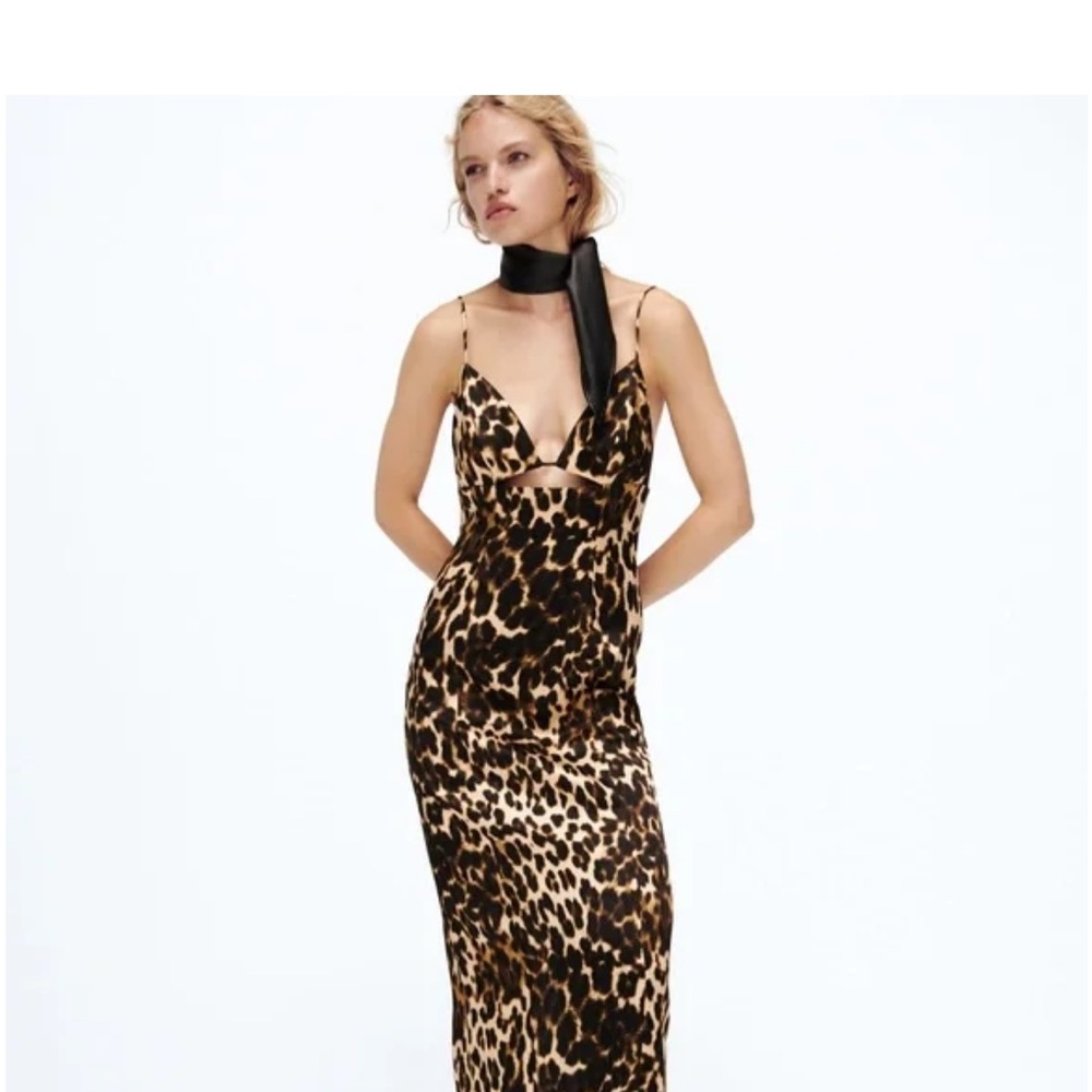 Zara Satin Midi Leopard Print Dress